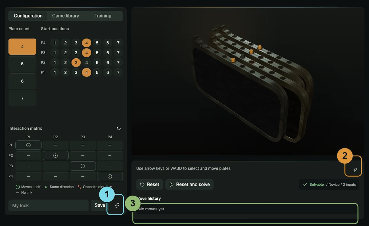 Annotated lock picker showing the lock link, moves link, and move history.